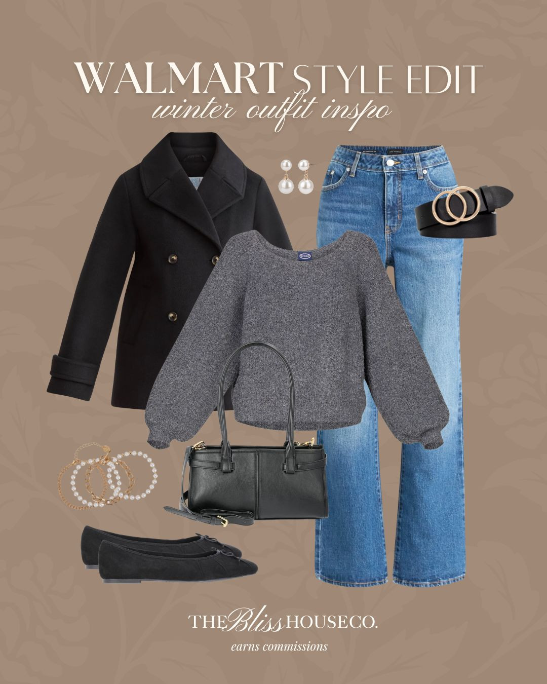 Affordable winter outfit inspo from Walmart! Peacoat black jacket, boucle knit sweater, jeans, ballet flats, women's clothing, styled look, casual style, winter fashion, Walmart style. 
 

 #LTKootd #LTKSeasonal