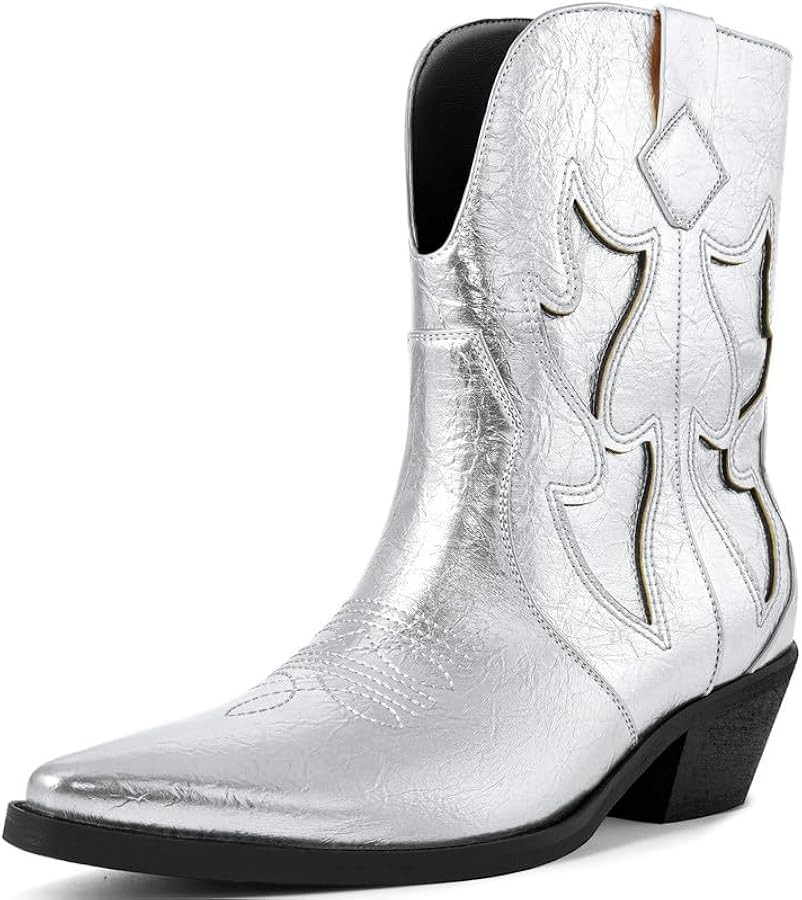 Metallic Cowboy boots for Women Embroidered Pointed Toe Cowgirl Boots Chunky Heel Pull-On Short W... | Amazon (US)