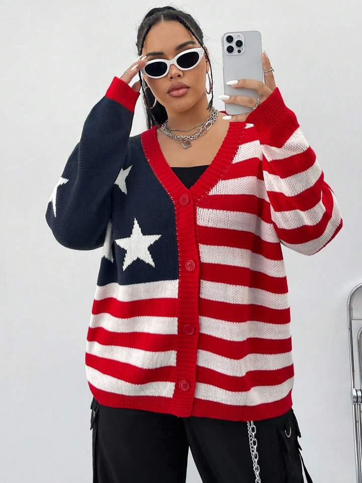 SHEIN EZwear Plus Size Flag Print Sweater Cardigan | SHEIN