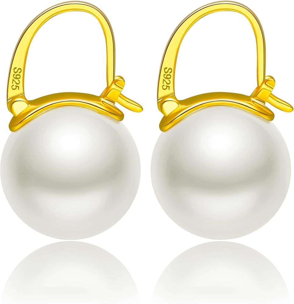 Pearl Drop Earrings, 14mm Elegant Big Pearl Earrings 925 Sterling Silver 14K Gold Plated Clasp fo... | Amazon (US)