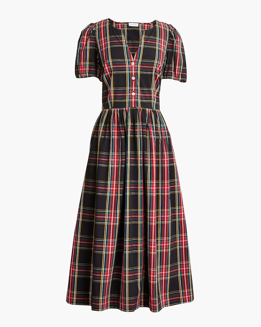 Stewart tartan  puff-sleeve midi dress with jeweled buttons | J.Crew Factory