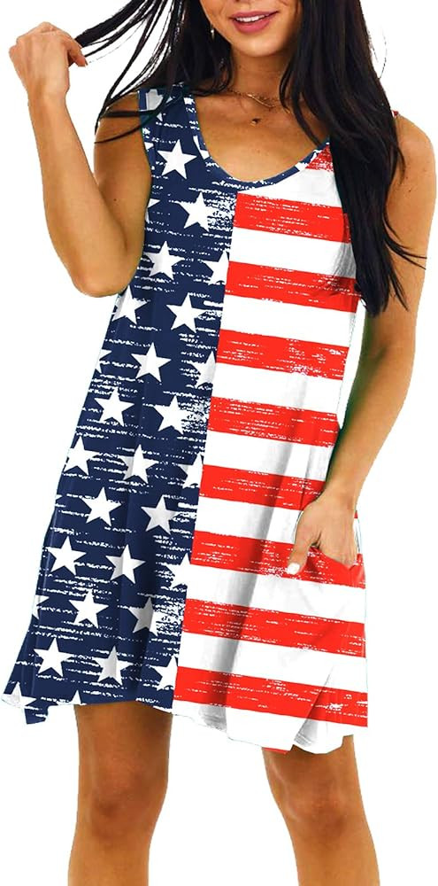 Women 4th Of July Dress Patriotic V Neck Tank Dresses with Pockets | Amazon (US)
