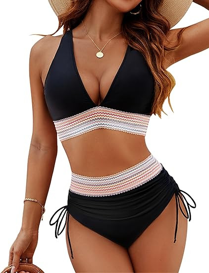 Blooming Jelly Women High Waisted Bikini Sets Tummy Control Swimsuits Color Block Two Piece Draws... | Amazon (US)