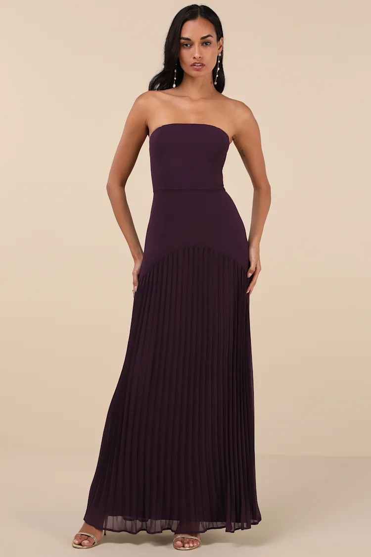 Celebratory Aesthetic Dark Purple Pleated Strapless Maxi Dress | Lulus