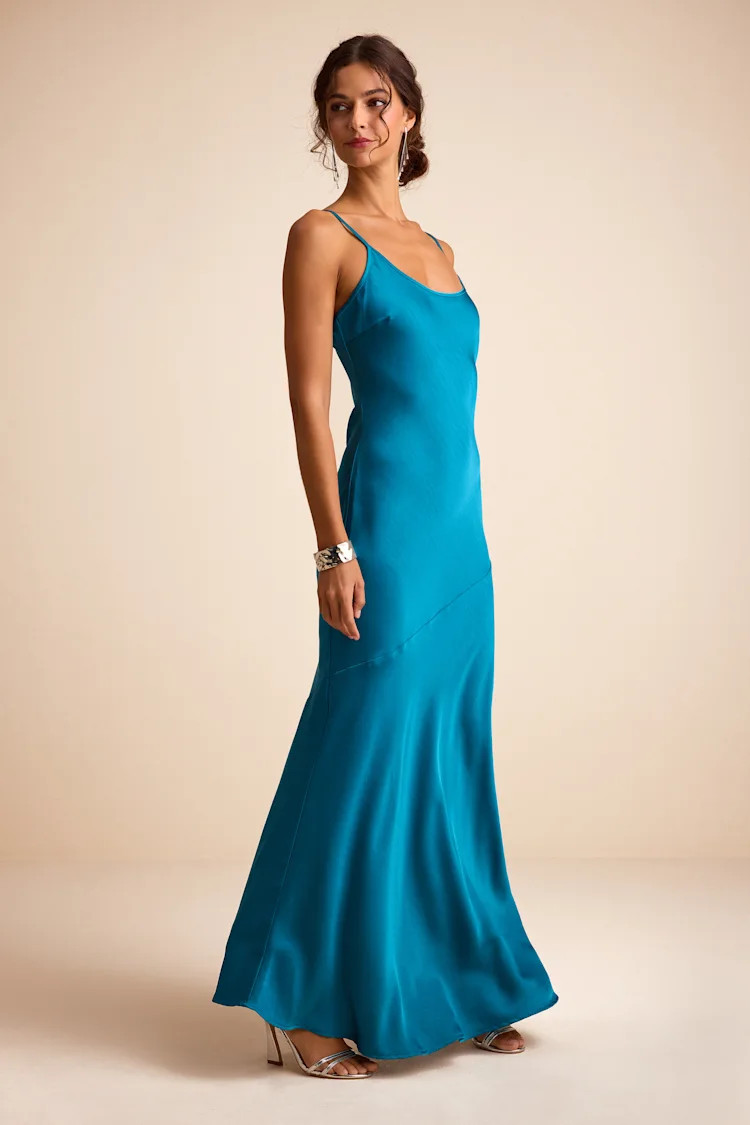 Riyona Aqua Blue Satin Seamed Sleeveless Maxi Dress | Lulus