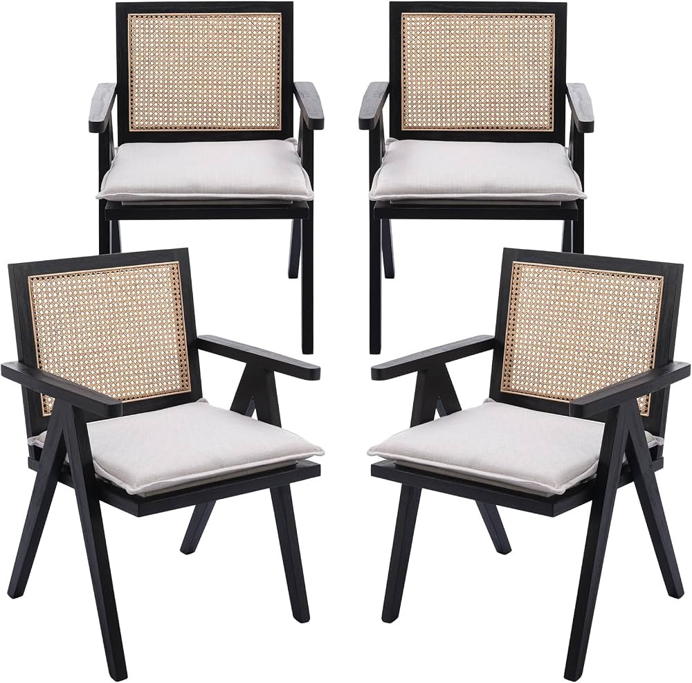 Guyou French Rattan Woven Dining Chairs Set of 4, Upholstered Dining Room Arm Chairs with Cane Ba... | Amazon (US)