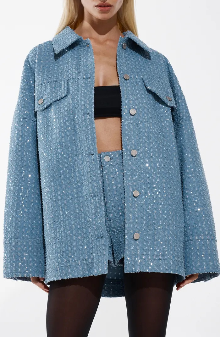 BY.DYLN Sequin Embellished Distressed Denim Jacket | Nordstrom | Nordstrom