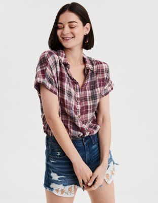 AE Short Sleeve Plaid Button-Down Shirt | American Eagle Outfitters (US & CA)