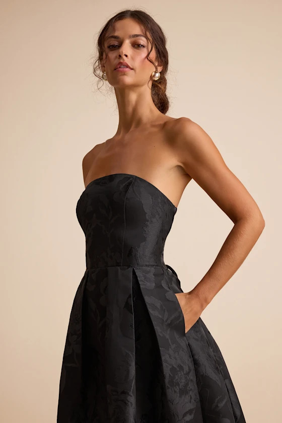 Laurelin Black Floral Jacquard Pleated Strapless Maxi Dress | Lulus