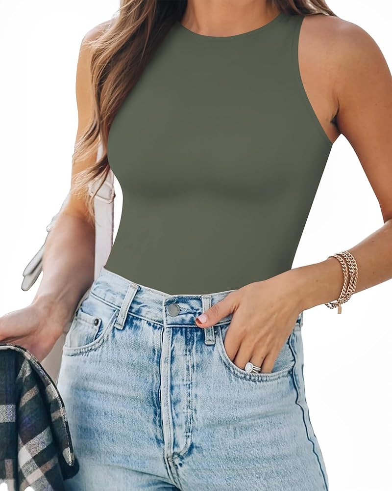 MANGOPOP Tank Top Body Suits Women Sexy Crew Neck Racerback Halter Ribbed Sleeveless Bodysuit for... | Amazon (US)