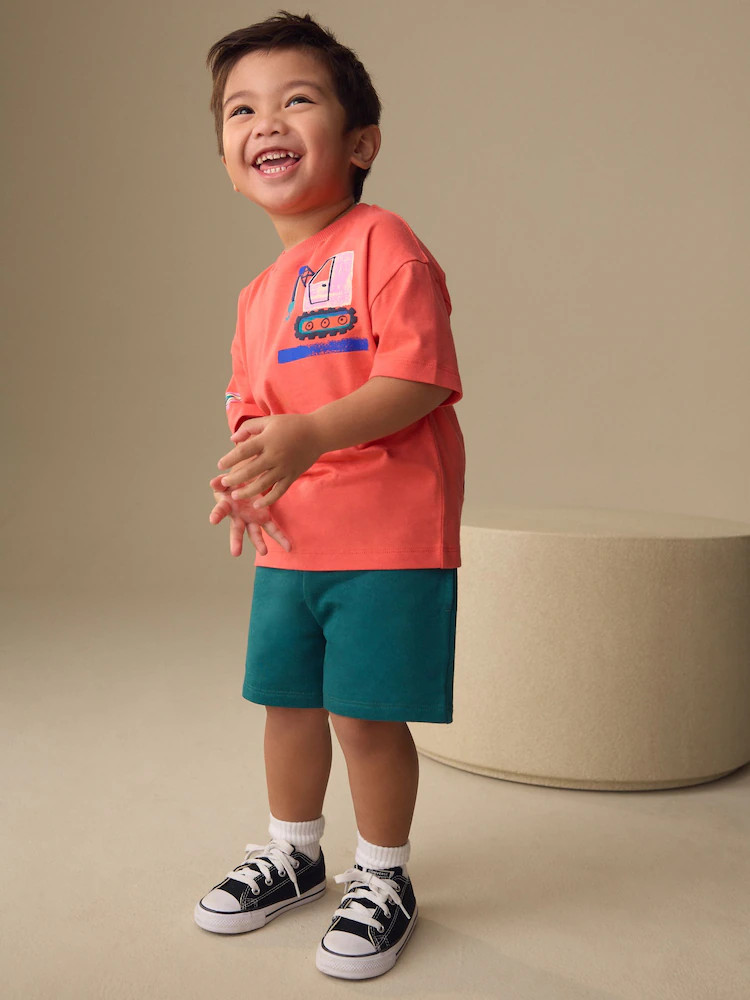 Coral Pink Digger Short Sleeve Back Print T-Shirt and Shorts Set (3mths-7yrs) | Next US