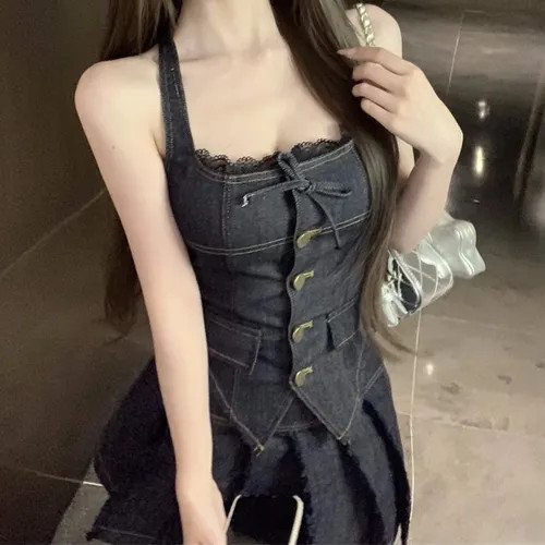 Metonymph - Lace Trim Button-Up Denim Halter Top / Mid Low Rise Pleated Mini A-Line Skirt | YesStyle Global