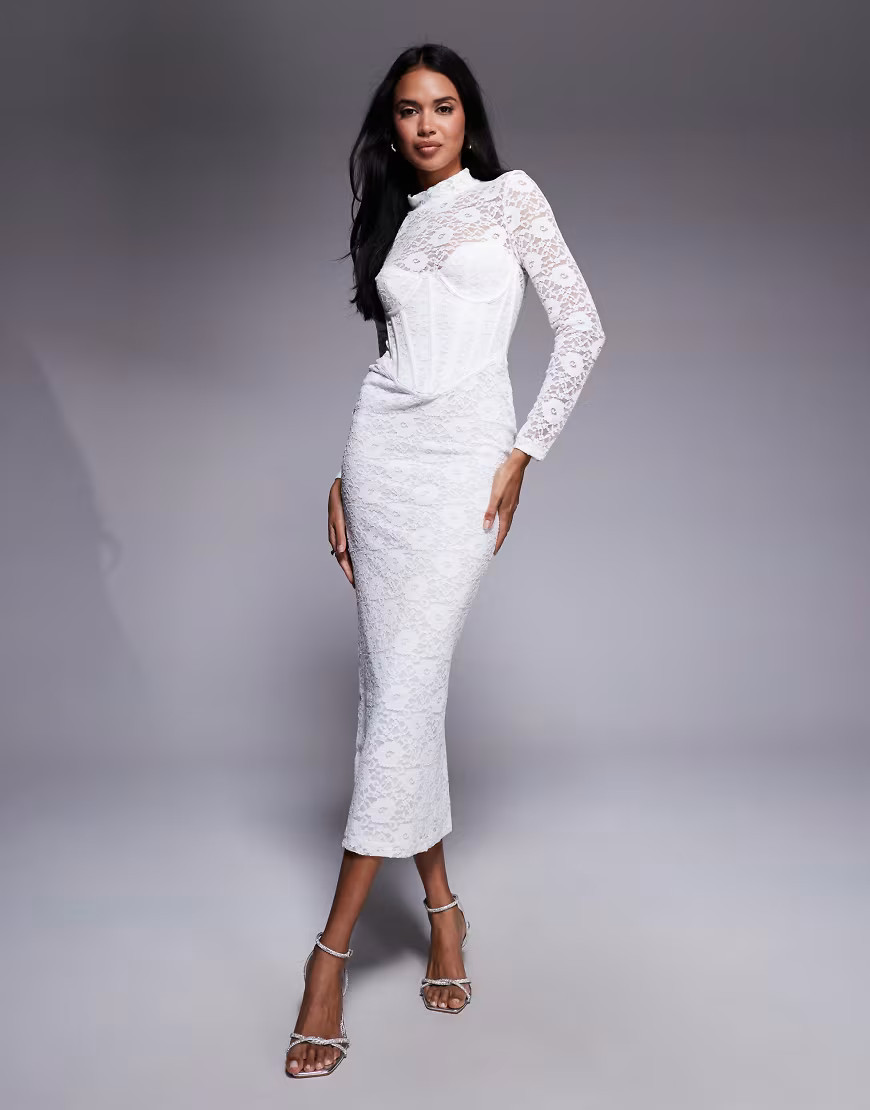 Bardot Carmen lace corset long sleeve midi dress in orchid white | ASOS (Global)