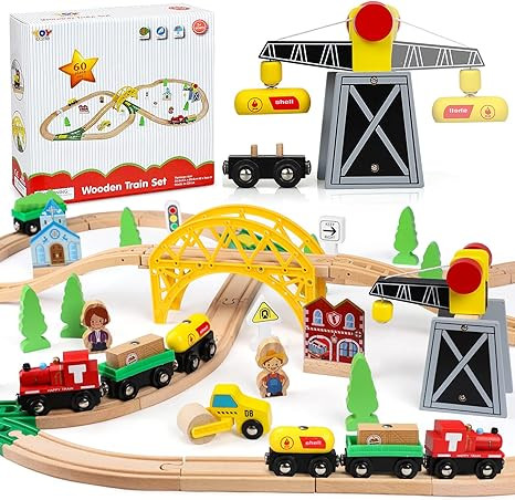 TOY Life Wooden Train Set 60pcs - Wood Train Set for Boys & Girls with Crane - Wood Tracks Fits T... | Amazon (US)