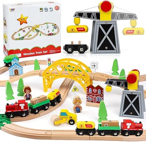 TOY Life Wooden Train Set 60pcs - Wood Train Set for Boys & Girls with Crane - Wood Tracks Fits T... | Amazon (US)