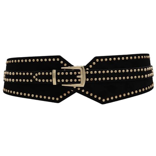 Women Wide Elastic Waist Belts Black Stretchy Thick Belts for Women Dresses Gold Rivets Studded Belt Lady Girls Vintage Chunky Girdle Retro Cinch Waistband Trendy Ladies Y2K Adjustable Weatern Belt | Amazon (US)