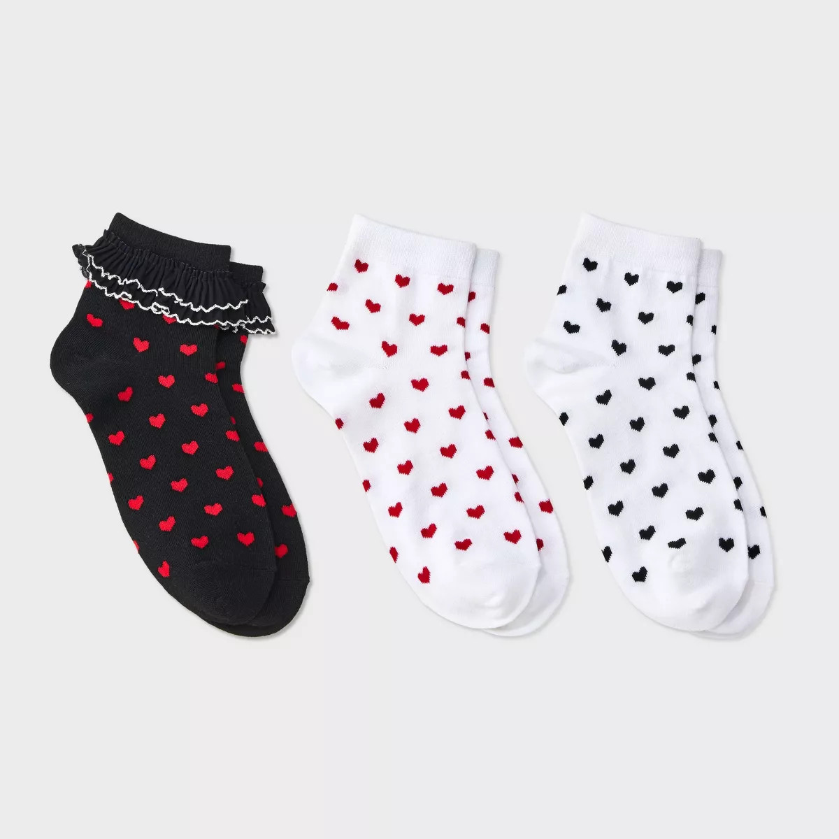Women's Hearts Ruffled Valentine's Day 3pk Ankle Socks - Black/Red/White 4-10 | Target