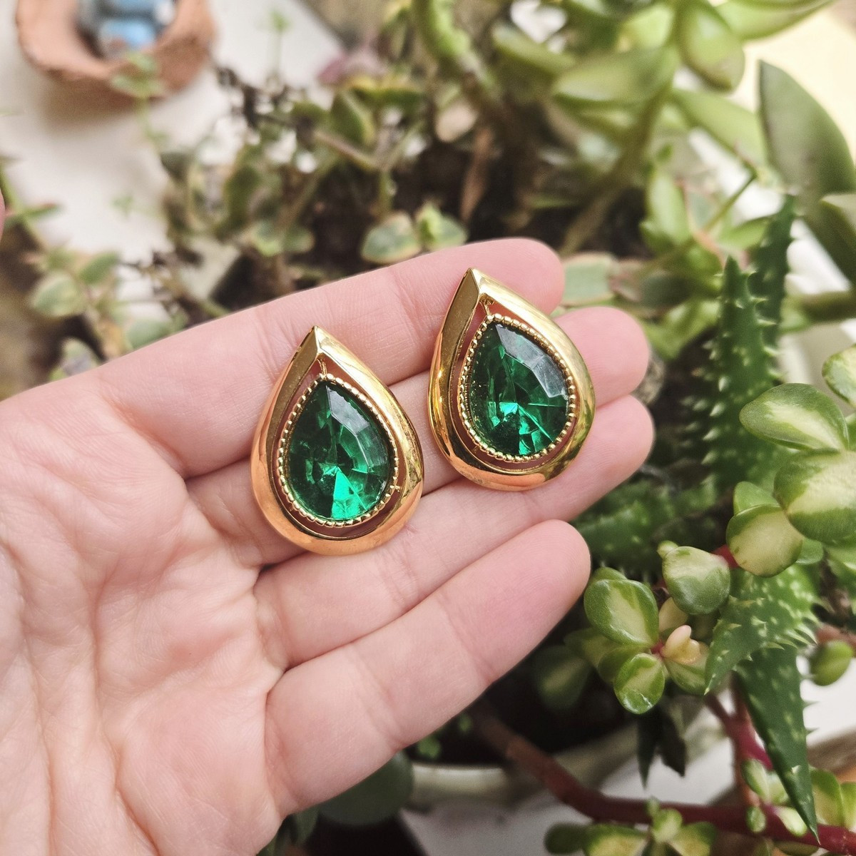 Vintage Gold Emerald Green Gemstone Teardrop Chunky Oversized Stud Earrings | eBay US