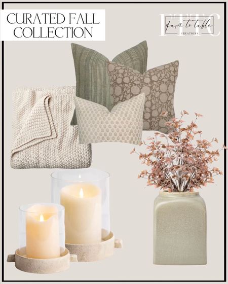 Curated Fall Collection. Follow @farmtotablecreations on Instagram for more inspiration. Fall pillow combination. Casaluna Knitted Throw Blanket. Studio McGee Vase on sale. Pottery Barn Candle holders on sale. Fall Stems  

#LTKunder50 

#LTKsalealert #LTKhome