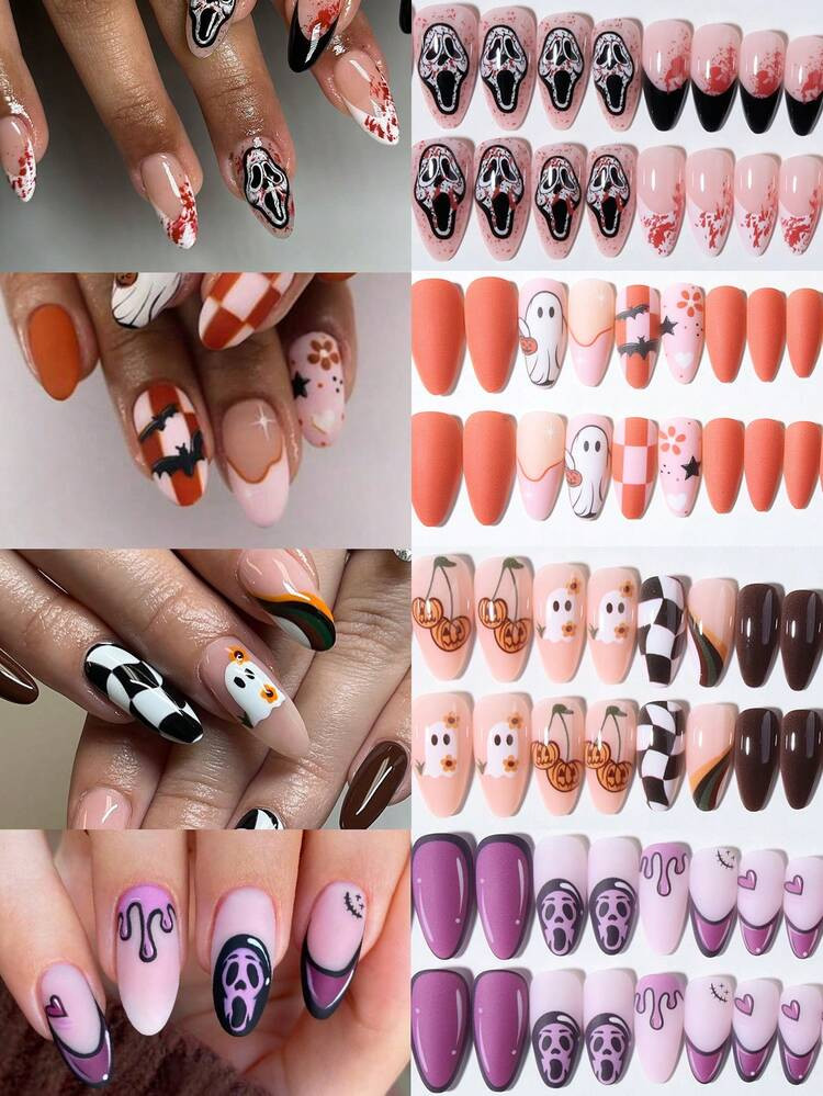 96pcs(4mixed )Long Almond Halloween Nailas Cute Ghost Faces, Ghosts, Pumpkins, Spider Webs, Heart... | SHEIN