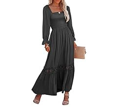 Womens Boho Square Neck Ruffle Long Sleeve Lace Trim Casual A Line Flowy Long Maxi Dress with Poc... | Amazon (US)