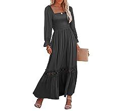 Womens Boho Square Neck Ruffle Long Sleeve Lace Trim Casual A Line Flowy Long Maxi Dress with Poc... | Amazon (US)