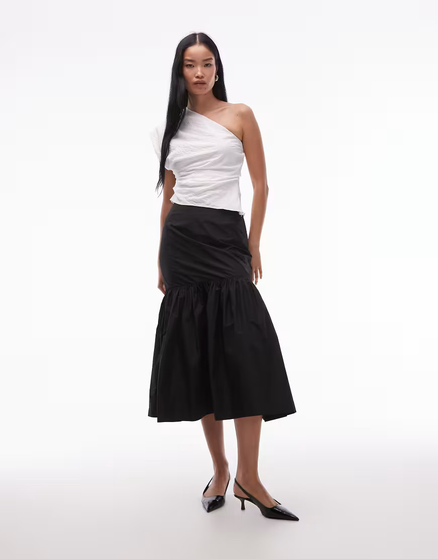 ASOS DESIGN dropped waist fishtail midi skirt in black | ASOS (Global)