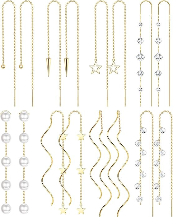 HAIAISO 8 Pairs Threader Dangle Earrings for Women 316L Stainless Steel Chain Tassel Earring Ligh... | Amazon (US)