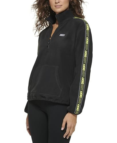 DKNY Women's Quarter Zip Fleece Pullover, Black/Zest, Large | Amazon (US)
