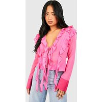 Womens Petite Ruffle Detail Tie Front Top - Pink - 8 | boohoo (US & Canada)