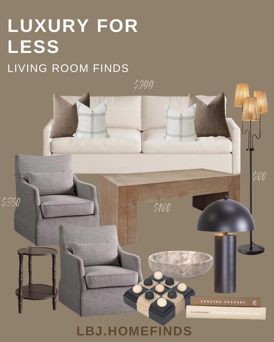 This luxury neutral living room look costs way less than you think 🤎

If you love high-end interior design but not the price tags, these affordable home finds recreate the look for less.

Featured finds:
• Neutral sofa with designer-style pillows
• Affordable accent chairs
• Minimal wood coffee table
• Sculptural lighting
• Elevated decor accents

Everything is linked in my LTK storefront so you can recreate the space easily.

Follow @lbj.homefinds for daily luxury home finds for less.

#luxuryforless #neutralhomeinspo #livingroomdecor #affordablehomefinds #cozyhomeinspo 