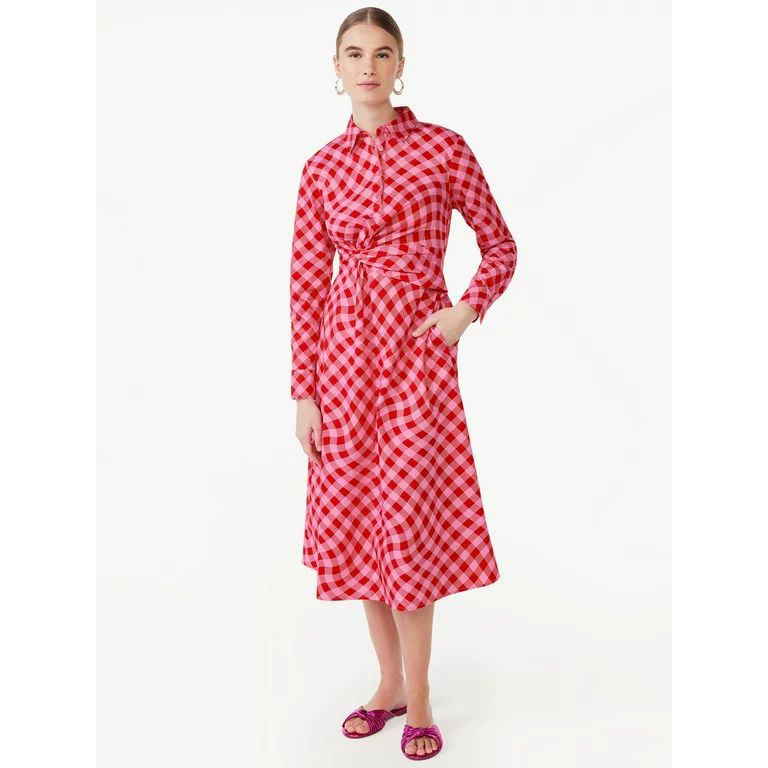 Scoop Women's Side Knot Poplin Midi Shirt Dress with Long Sleeves, Sizes XS-XXL | Walmart (US)