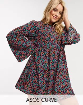ASOS DESIGN Curve fluted sleeve smock mini dress in floral print | ASOS US