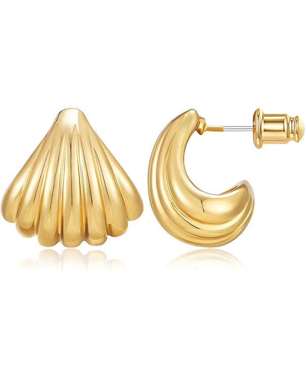 Shell Earrings for Women Small Chunky Scalloped Seashell Hoop Trendy Teardrop Styles Boho Beach S... | Amazon (US)
