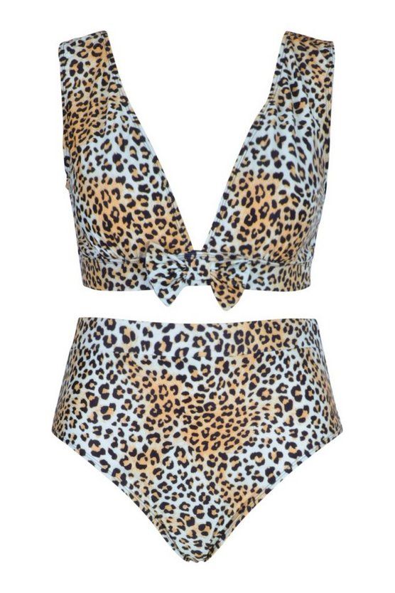 Plus Leopard Tie Front High Waist Bikini | Boohoo.com (US & CA)
