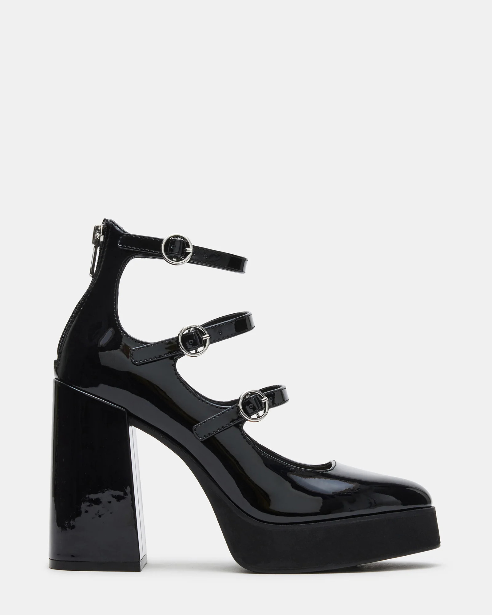 QUAD Black Patent Strappy Platform Mary Janes | Women's Heels | Steve Madden (US)