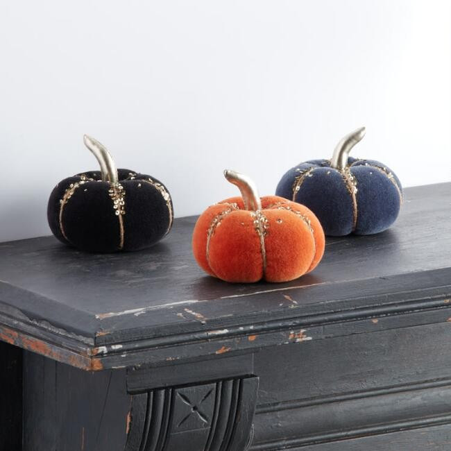 Black, Orange And Navy Sequin Pumpkin Decor Set Of 3 | World Market