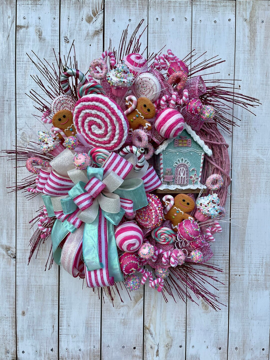 Christmas Winter Holiday Gingerbread House Pink and Green candy wreath for your front door porch ... | Etsy (US)