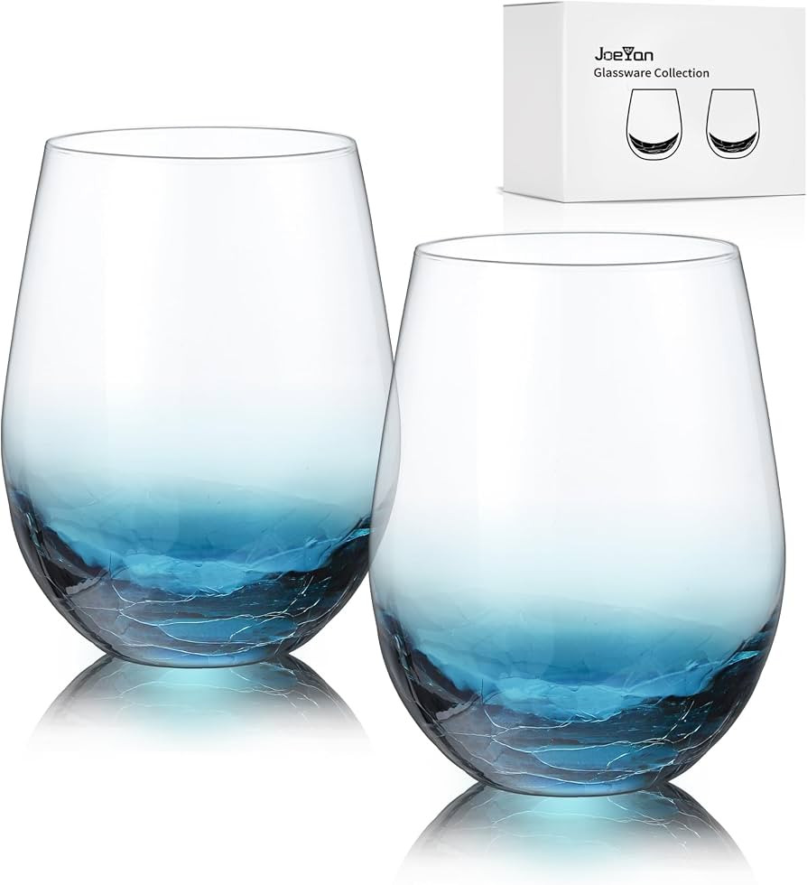 Joeyan Handmade Blue Stemless Crackle Wine Glasses Cups,Large Crystal Red Wine Tumblers,Aesthetic... | Amazon (US)