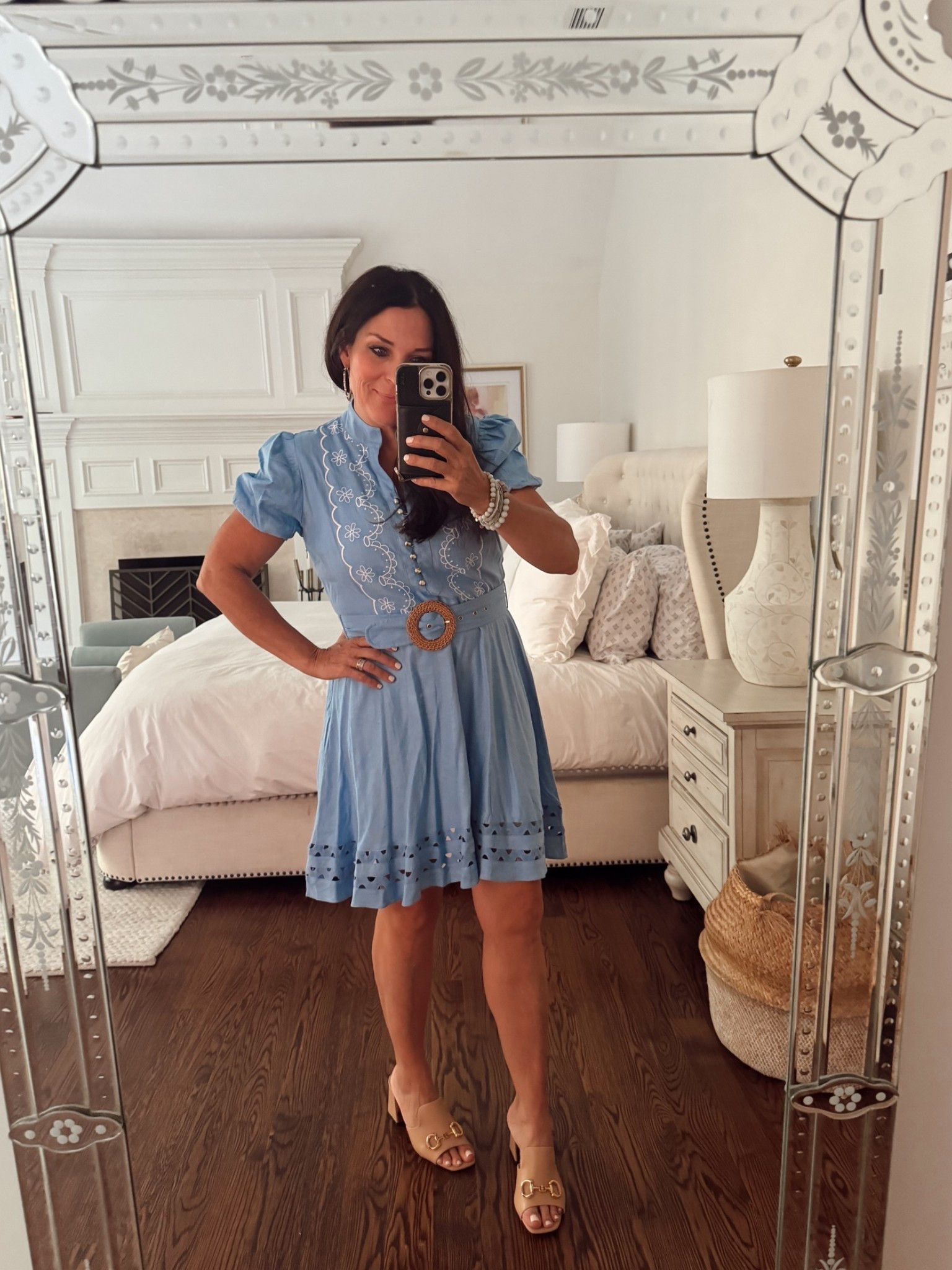 Blue dress with buckle and nude designer dupe mule heels

#LTKOver40 #LTKootd #LTKTravel