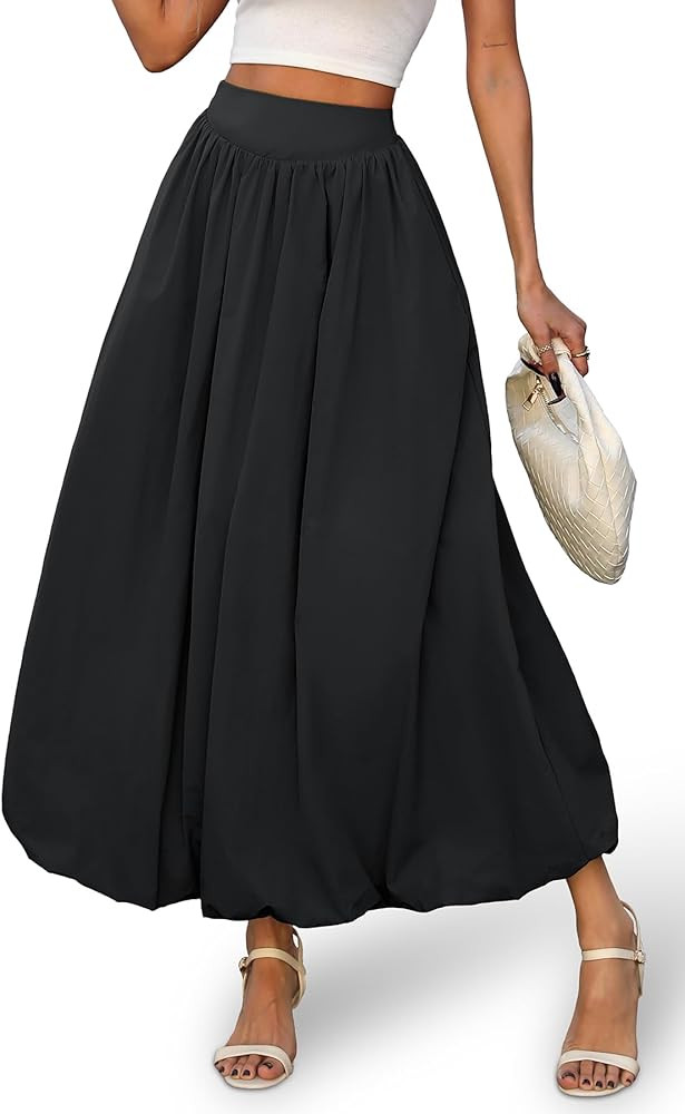 ELLEVEN Women's Bubble Maxi Skirt with Pockets，Elastic Waist Puffy Hem Y2k Skirt Casual A Line ... | Amazon (US)