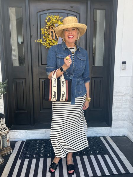 Spanx outfit 
Perfect for brunch, lunch with the girls or perfect for Travel!

-Air essentials strip dress fits true to size 
- Wrap denim jacket 

🚨SAVE 10% off all Spanx with my CODE: DEARDARCYXSPANX

Gigi pip straw hat

Chloe bag 

Black studded slides 

Lisi lurch gold beads necklace, bracelets and hoop earrings 



#LTKover40 #LTKstyletip