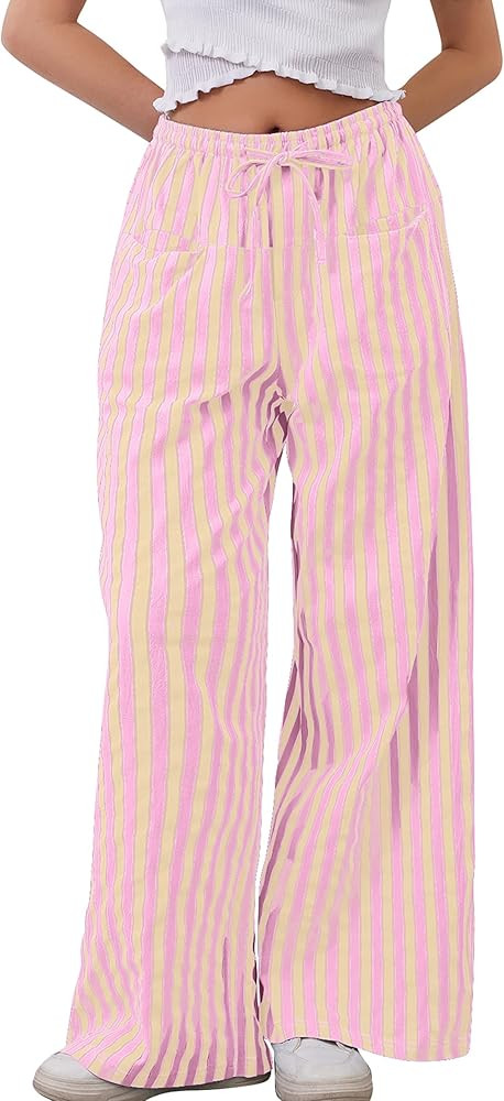 Women Drawstring Striped Pants Wide Leg Casual Trousers Stripe Loose Fit Low Rise Waist Lounge Pa... | Amazon (US)