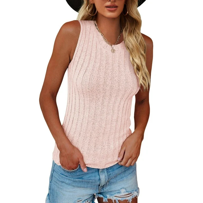 Fangetey Womens High Neck Tank Top Summer Ribbed Sleeveless Shirts Casual Loose Knit Cami Sweater... | Walmart (US)