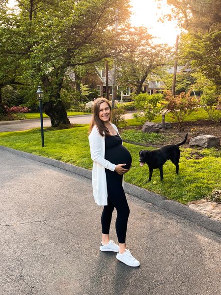 Love this bumpsuit! *Wearing a Medium in bumpsuit & small in sweater. 

Maternity fashion. Pregnancy style. Jumpsuit. Activewear. White sneakers. White sweater. White cardigan. Spring style. Loungewear. Postpartum. 

#LTKbaby #LTKbump #LTKfit