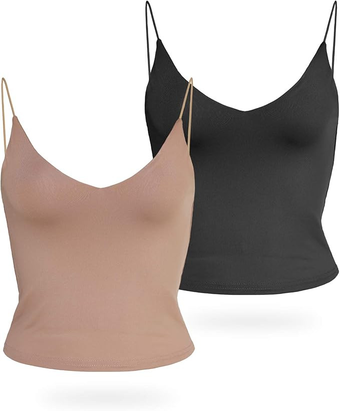 Amilia Women's Basic Solid V Neck Cami Spaghetti Double Layer Crop Tank Tops Casual Shirts | Amazon (US)