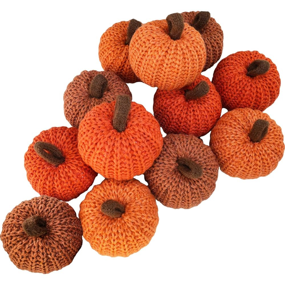 Winlyn Set of 12 Faux Fall Orange Crochet Pumpkins - Small Knit Foam Pumpkins for Rustic Farmhous... | Amazon (US)