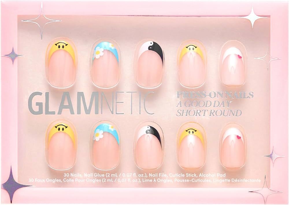 Glamnetic Press On Nails - A Good Day | Glossy Finish Short Round French Tip Nails with Various Acce | Amazon (US)