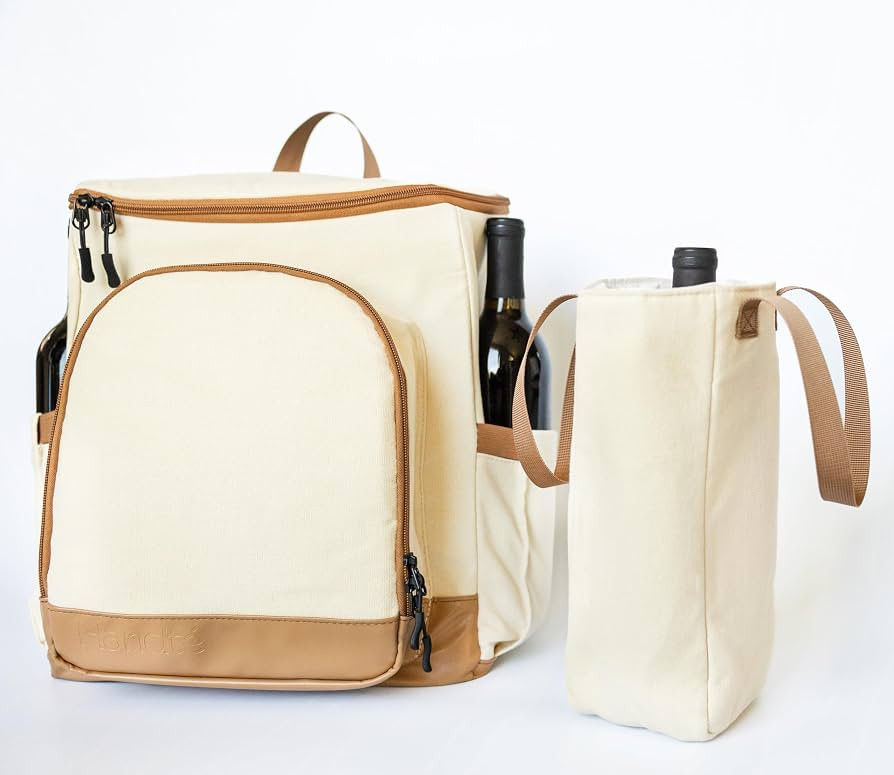 Insulated Wine Cooler Backpack \u2013 Canvas & Vegan Leather Picnic Bag for up to 4 Bottles, Food... | Amazon (US)