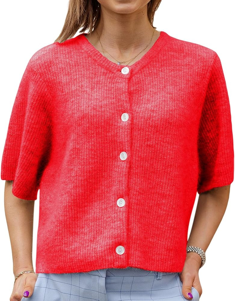 Women Knitted Button Down Short Sleeve Tops Y2K Solid Color Crew Neck Relaxed Sweater Cardigan Go... | Amazon (US)